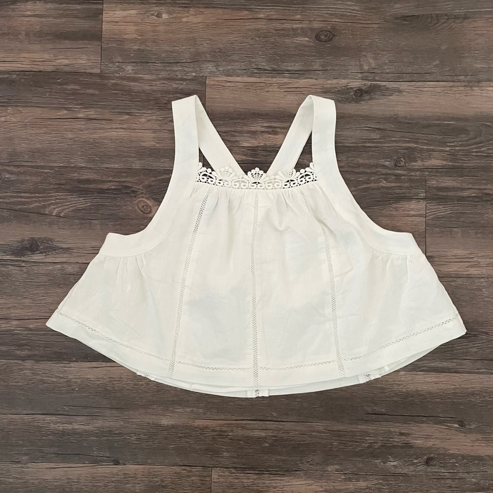 Free People Linen Blend Crochet Trim Cross Back Blouse